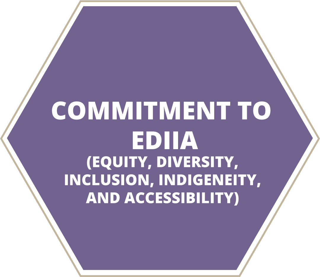 Purple hexagon with text Commitment to Equity, Diversity, Inclusion, Indigeneity and Accessibility (EDIIA)